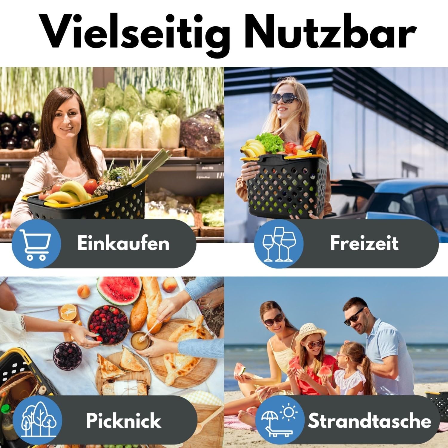 Einkaufskorb Shadow Style – 22L Kunststoff-Korb stapelbar – Mit 2 Tragebügeln für Laden & Einkauf – Lebensmittelecht – Schwarz-Gelb (10 Stk.)