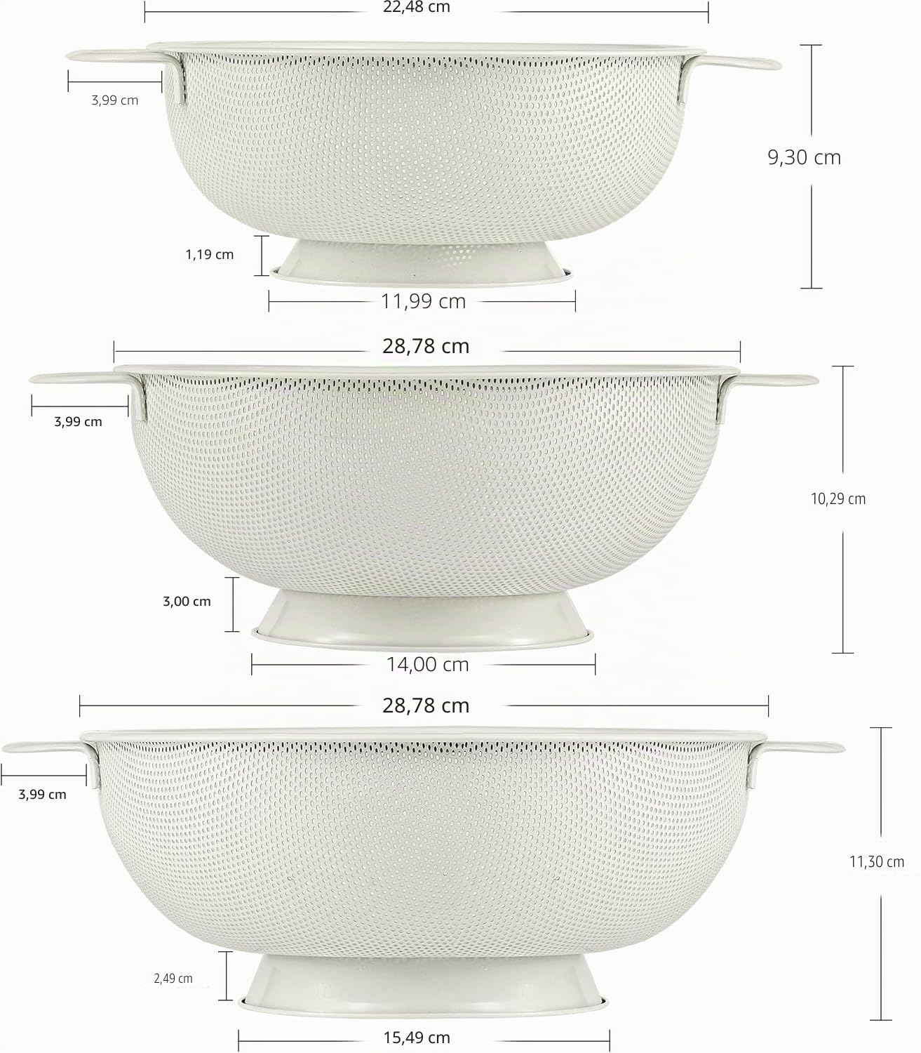 Edelstahl Sieb Set, 3-Teiliges Stapelbares Nudelsieb, 2/3/4,5 Liter Seiher, Küchensieb für Nudeln, Obst, Gemüse, Reis, BPA-Frei, Spülmaschinenfest (Creme)