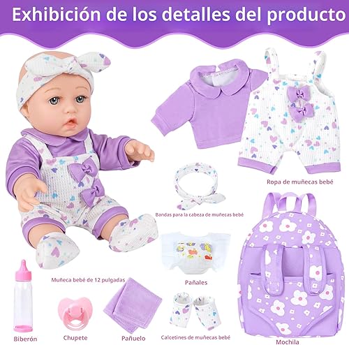 Miniatura 7 de Muñeca de bebé de 12 pulgadas con patrón de flores, muñecas realistas de 12 pulgadas con ropa y accesorios Hanky Chupete botella de pañal, juguete