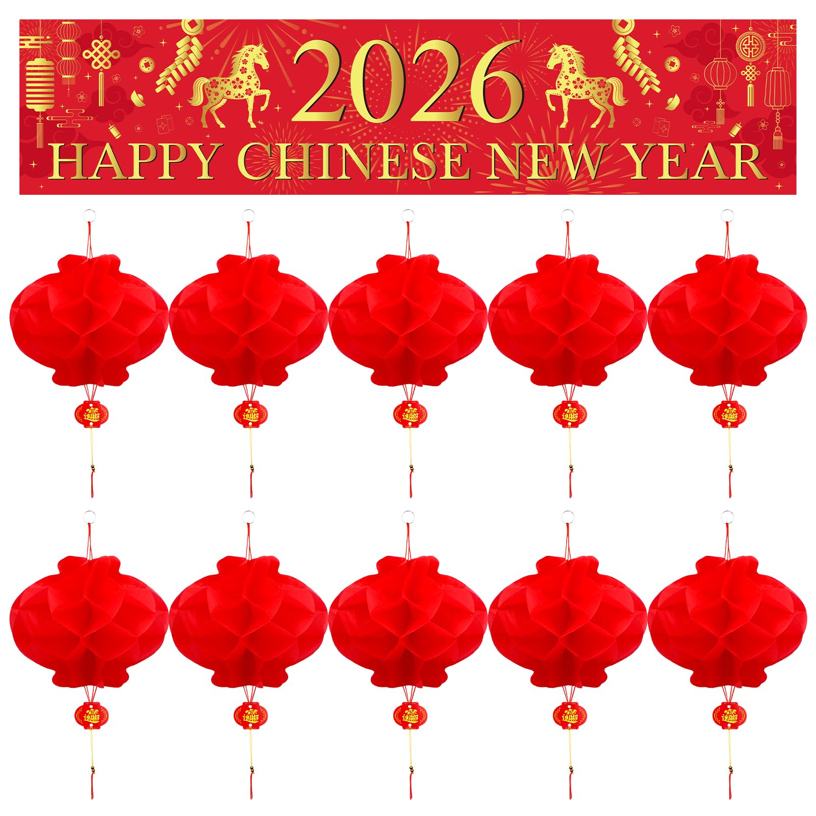 2026 Chinese New Year Decorations Happy Chinese New Year Banner Year of HORSE Party Banner with 20 Red Chinese Lanterns for Lunar Spring Festival Indoor Outdoor Party Supplies