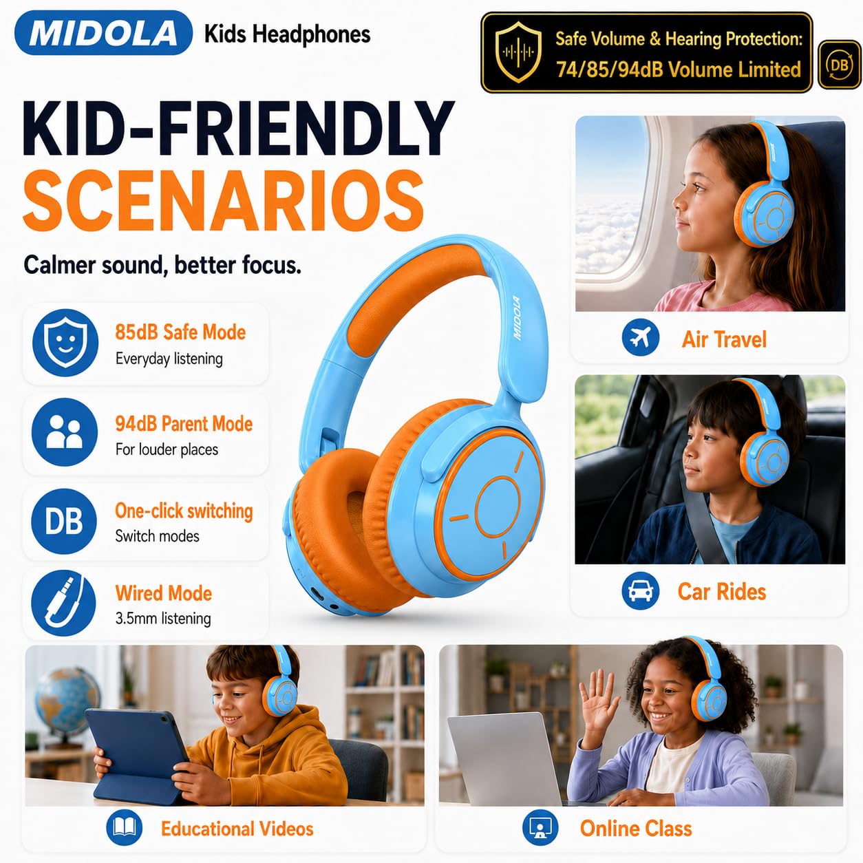 MIDOLA Auriculares para niños, Bluetooth 5.3, volumen inalámbrico, limitado, 85/94 dB, protección auditiva, sobre la oreja, 68 horas de reproducción, plegables, ligeros, micrófono integrado, para
