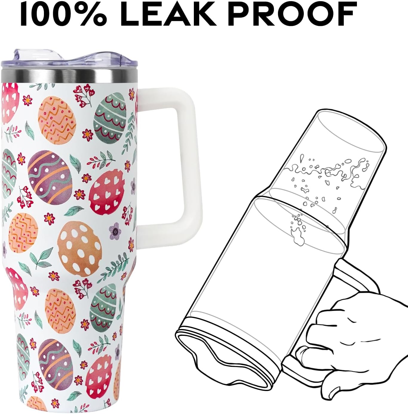 Easter Tumbler with Handle and Straw Lid 40 oz,Cute Easter Spring Gift for Women Men Eggs Floral Vacuum Insulated Leak Proof Stainless Steel Coffee Cup Mug - Image 4