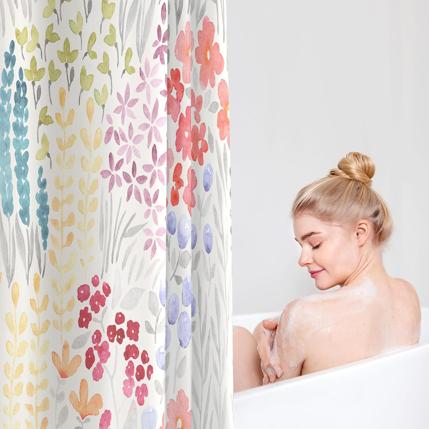 MAYZUS Extra Long Shower Curtain 72 x 84 Inch, Tall Cute Floral Shower Curtain for Bathroom, Colorful Wildflower Boho Cottagecore Fabric Shower Curtain Set with Hooks, Ivory