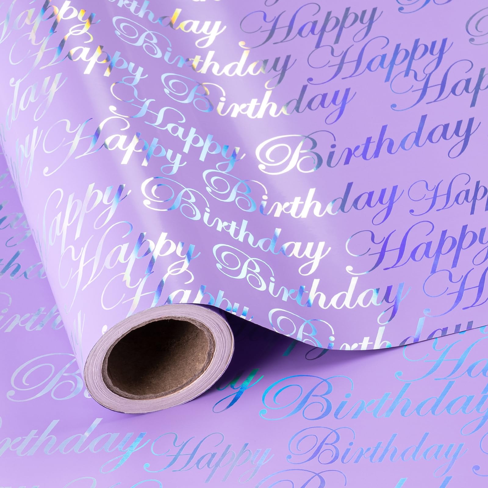 RUSPEPA Reversible Birthday Wrapping Paper - Mini Roll - 43.2cm x 10m - Purple and Silver Foil Happy Birthday Lettering Design โ image 1