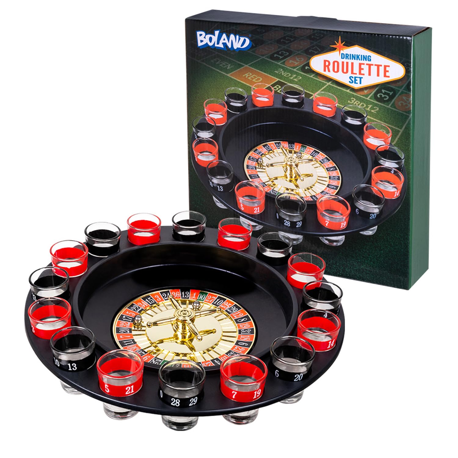 Boland 30850 – gra do picia w ruletkę, średnica 30 cm, 16 kieliszków do wódki i 2 bombki, impreza, zabawa, picie, urodziny