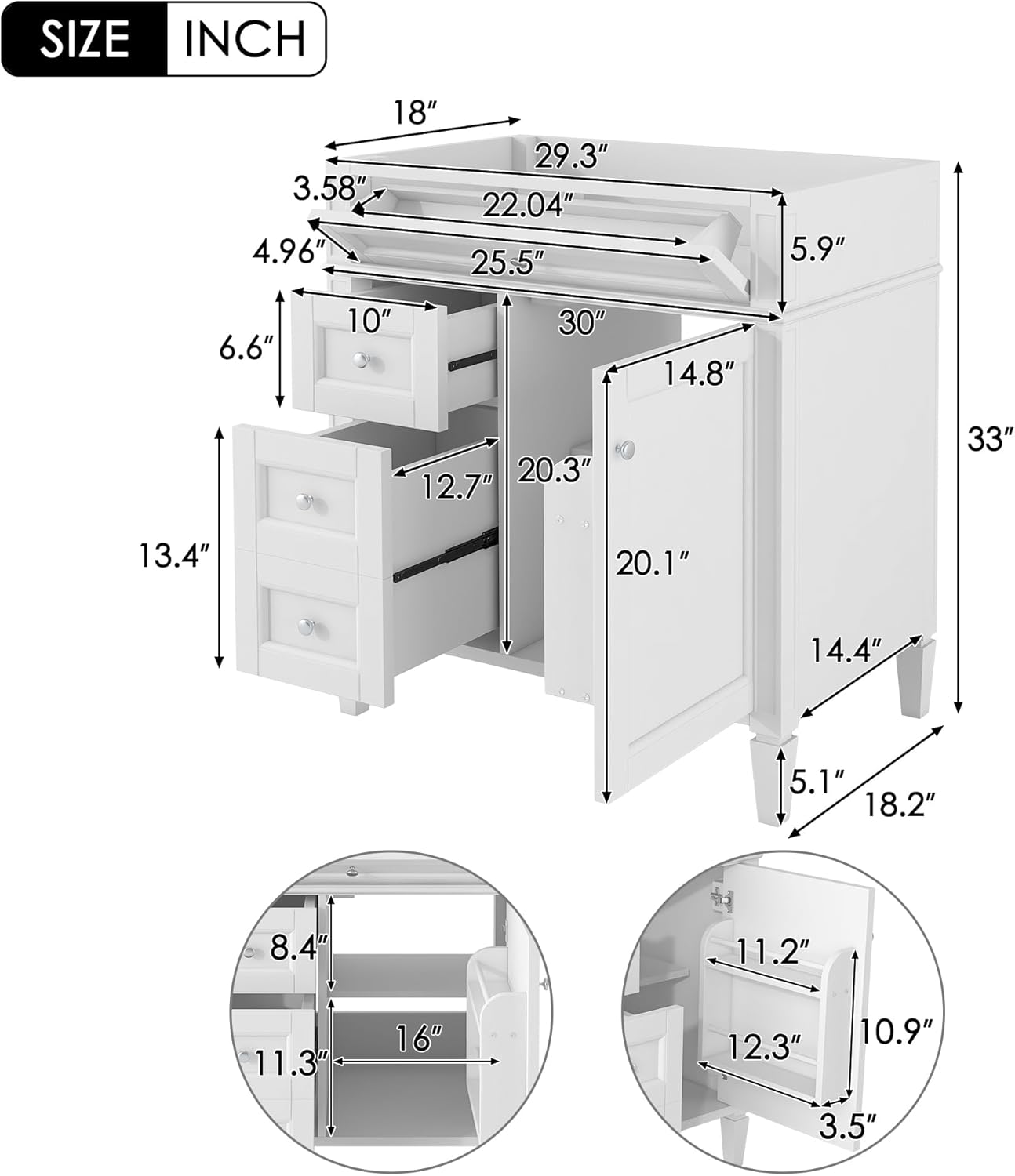 Favfurish 30" Bathroom Vanity Without Top Sink,Modern Freestanding Bath Storage Cabinet with 2 Soft-Close Drawers & Tip-Out Tray,Solid Wood Vanity Only w/Adjustable Shelf & Door Organizer,White