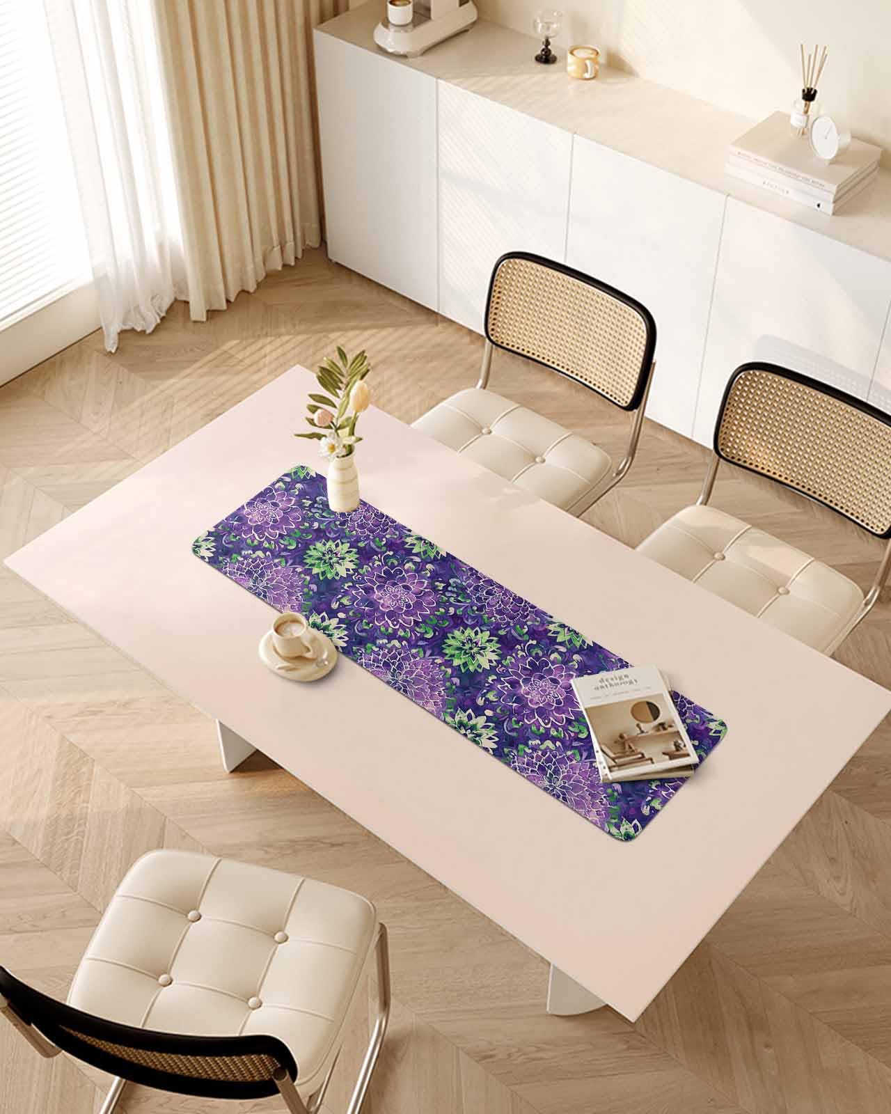 Debedcor Heat Proof Table Pads Waterproof Decorative, Purple Green Floral Non-Slip Table Countertop Protector, Farmhouse Botanical Flowers Insulation Mat for Kitchen Room, 40 x 12 Inches
