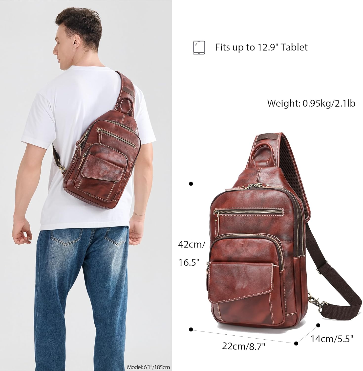 LANNSYNE Full Grain Leather Casual Sling Bag For Men Hiking/Travel/Business Crossbody Chest Bag Fits 12.9" iPad - Image 2