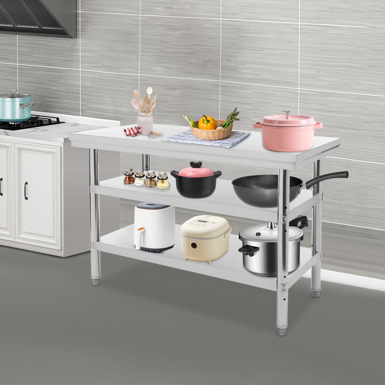 Mesa de trabajo de acero inoxidable, 120 x 60 x 90 cm, rectangular, cocina, mesa de acero inoxidable, mesa de barbacoa, muebles de cocina para exteriores, 3 niveles, plata