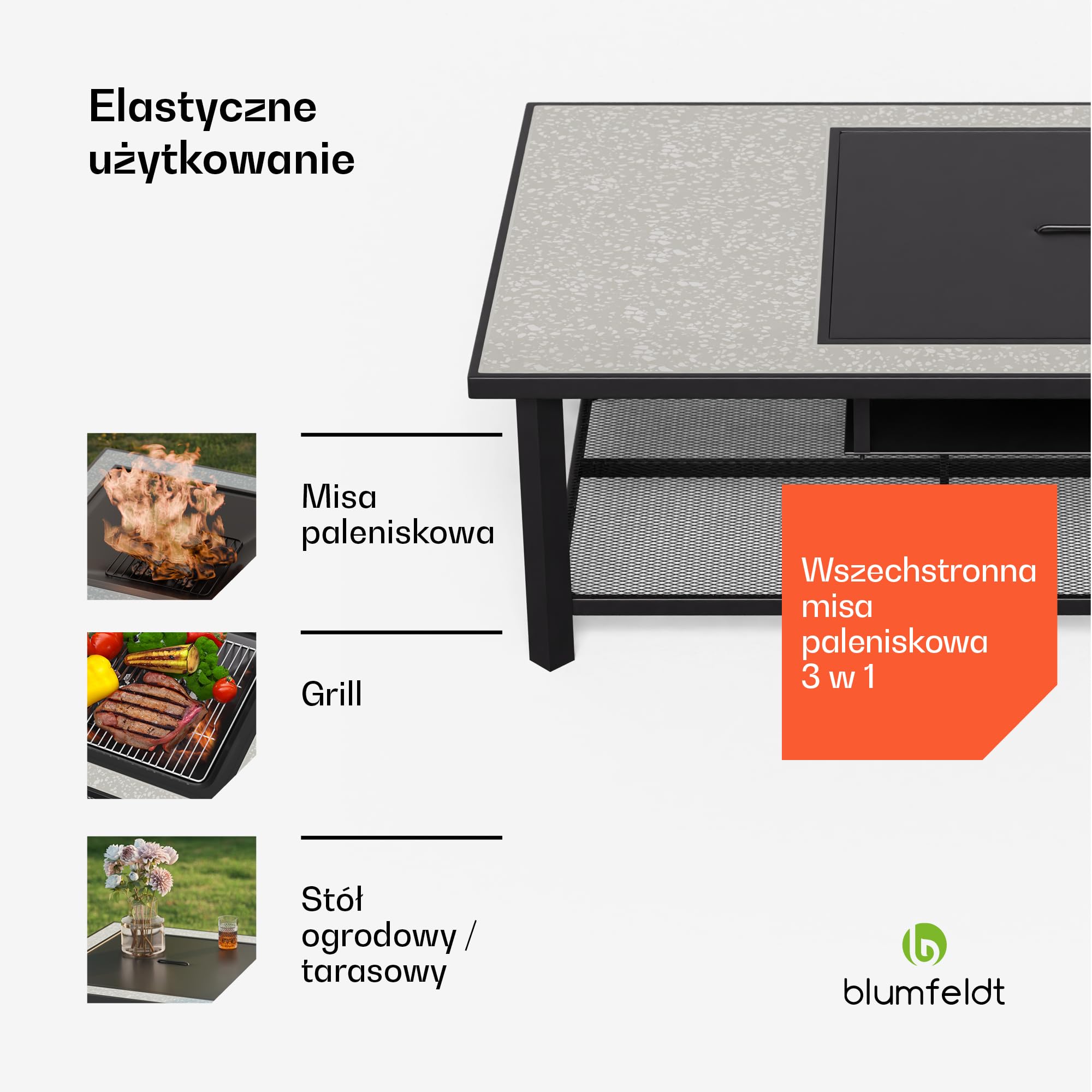 Blumfeldt Merano Avanzato L palenisko 3 w 1 z rusztem do grillowania i stołem, wytrzymała rama stalowa, blat stołu z terrazzo, w zestawie ochrona przed iskrami, pogrzebaczem i pokrywą, do ogrodu i na