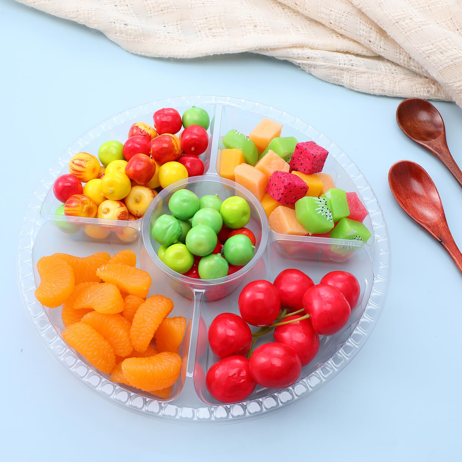 Bandeja desechable para aperitivos con tapa, 9.5 pulgadas, 5 compartimentos, paquete de 30, recipiente redondo transparente para alimentos para fiestas