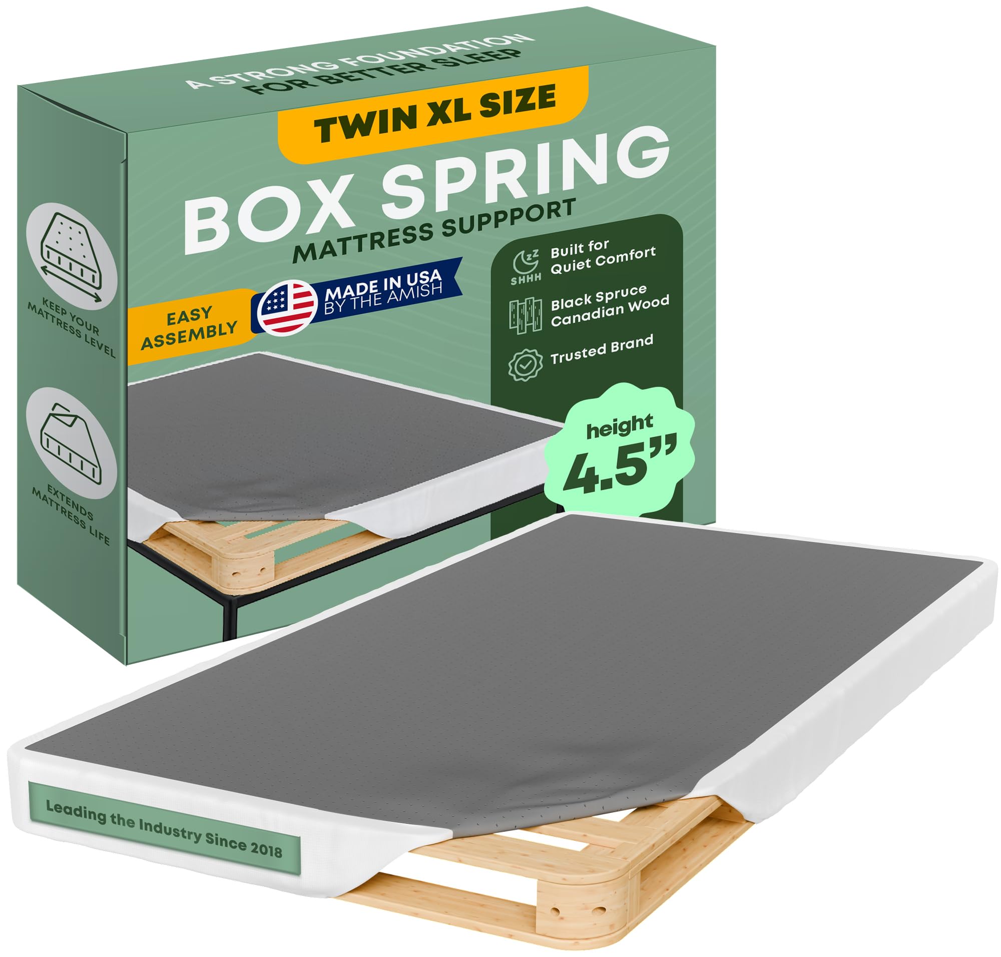 Greaton, Unassembled Twin XL Bed Inch Wood Box Spring Only – Amish Made in USA – Quiet Noise-Free Replacement Mattress Packed Flat, Easy Assembly (