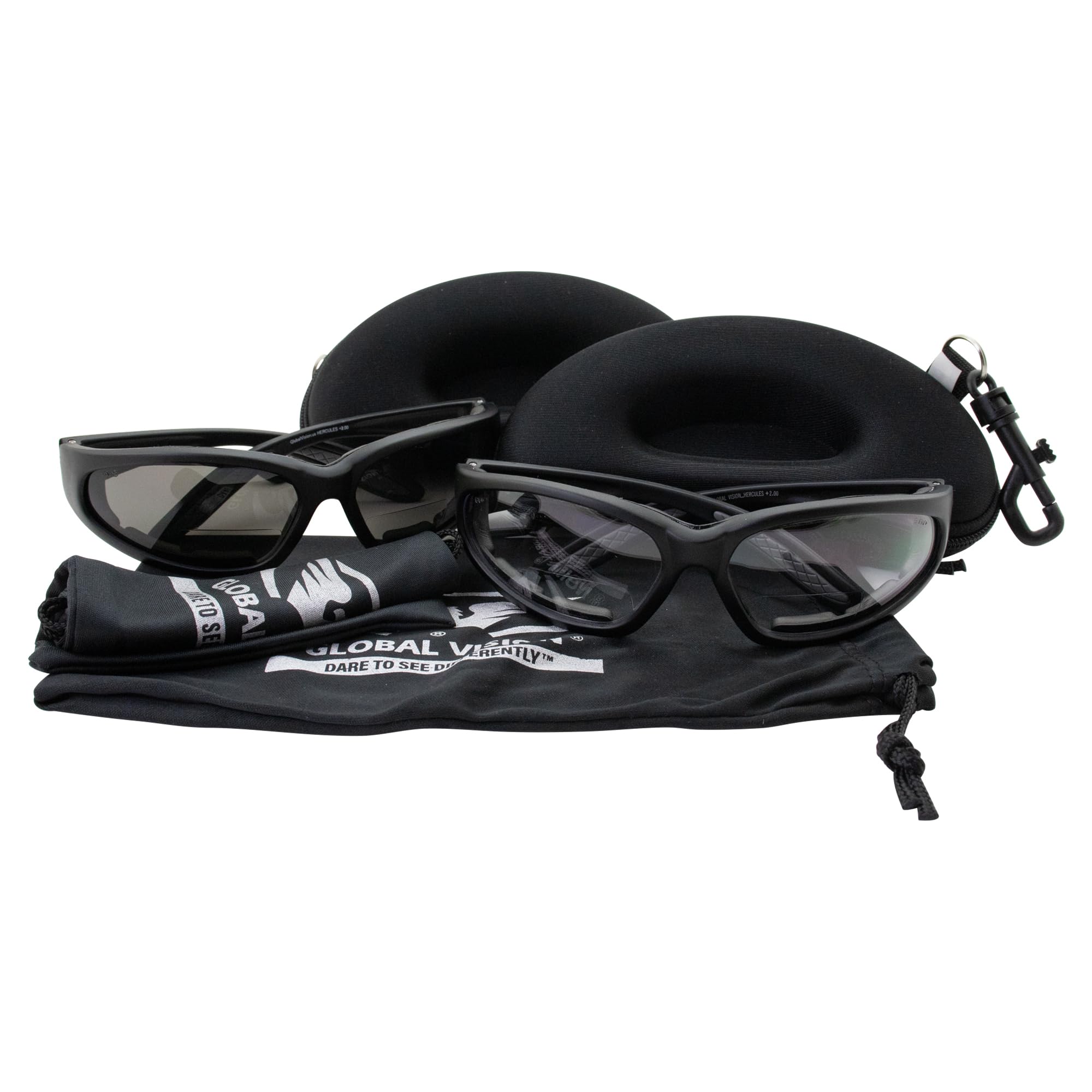 Global Vision2 Pairs Hercules 2.0 Bifocal Safety Glasses w/ 2 Black Zipper Cases and Microfiber Pouch Black Frame Clear & Smoke