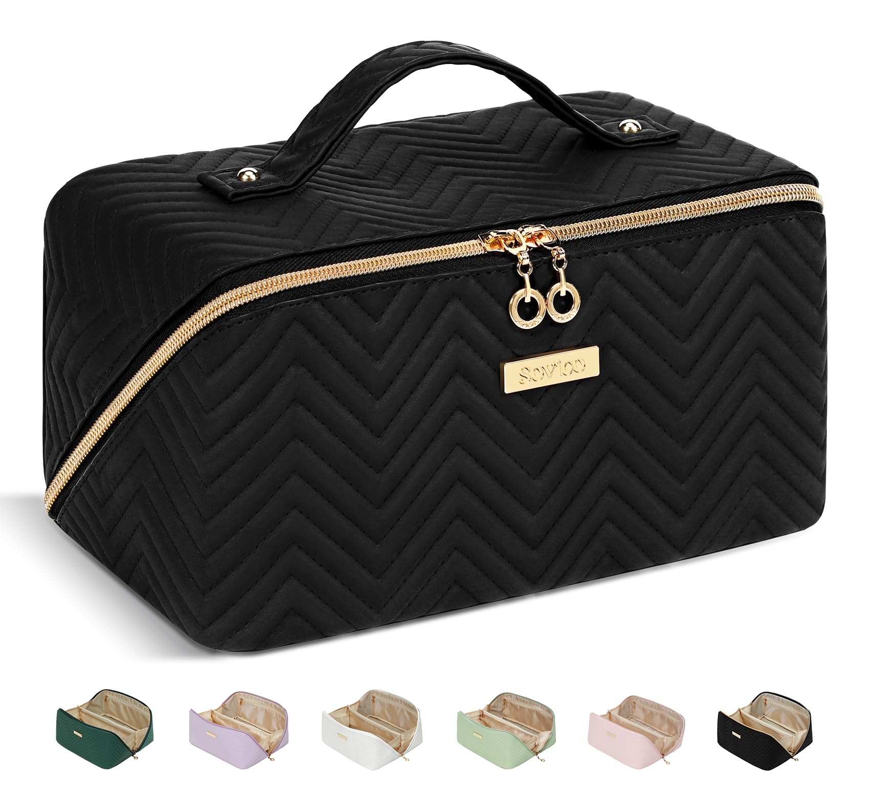 Travel Makeup Bag with 180° Flat Open Design, Large Cosmetic Bag for Women, Waterproof PU Leather Makeup Bag Organizer for Travel & Daily Use-Black