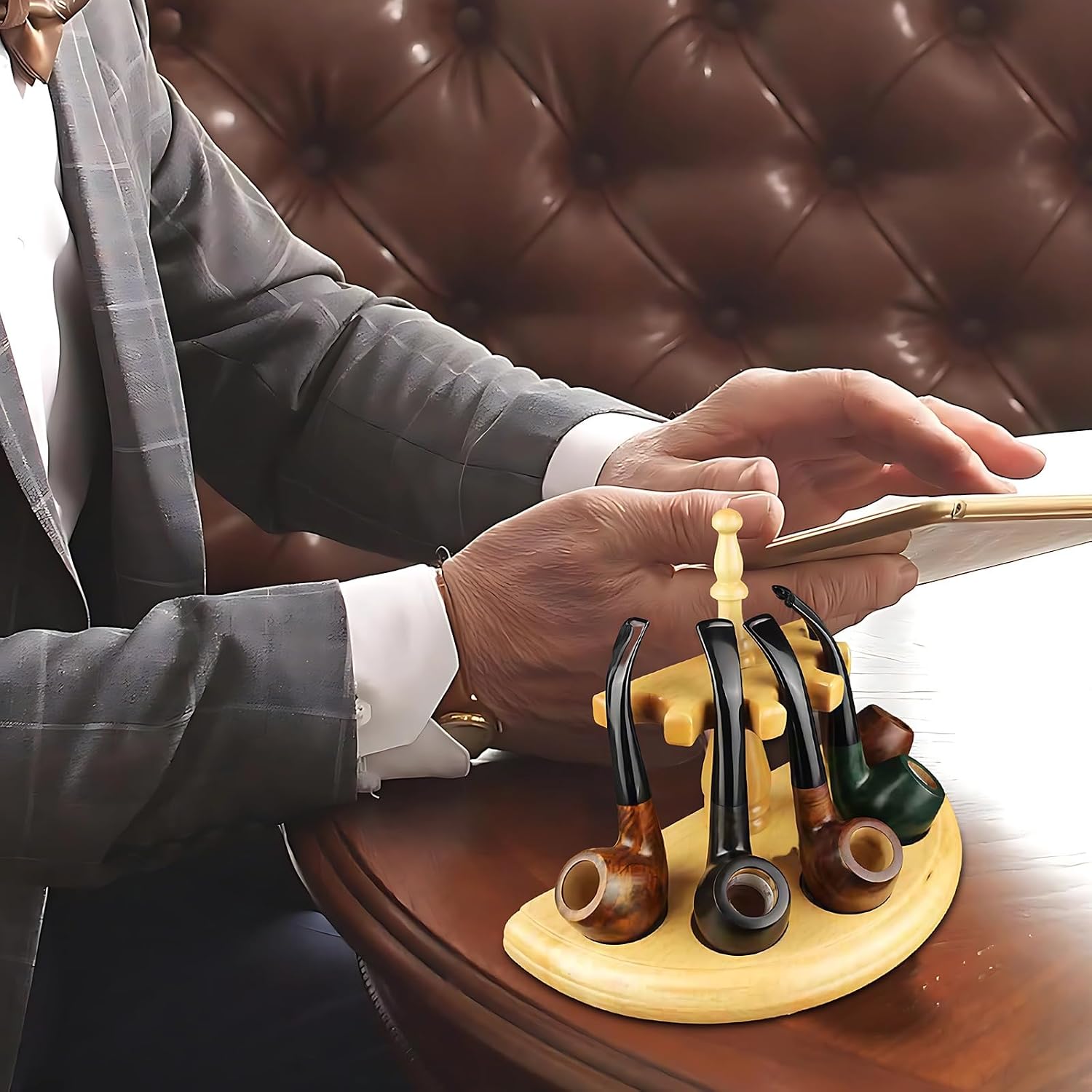 Home Decor Pipe Display, Tobacco Stand, 5 Grooves, Wood, Circular Base, Hexagonal Top, Natural Finish, Elegant, Stable Rack