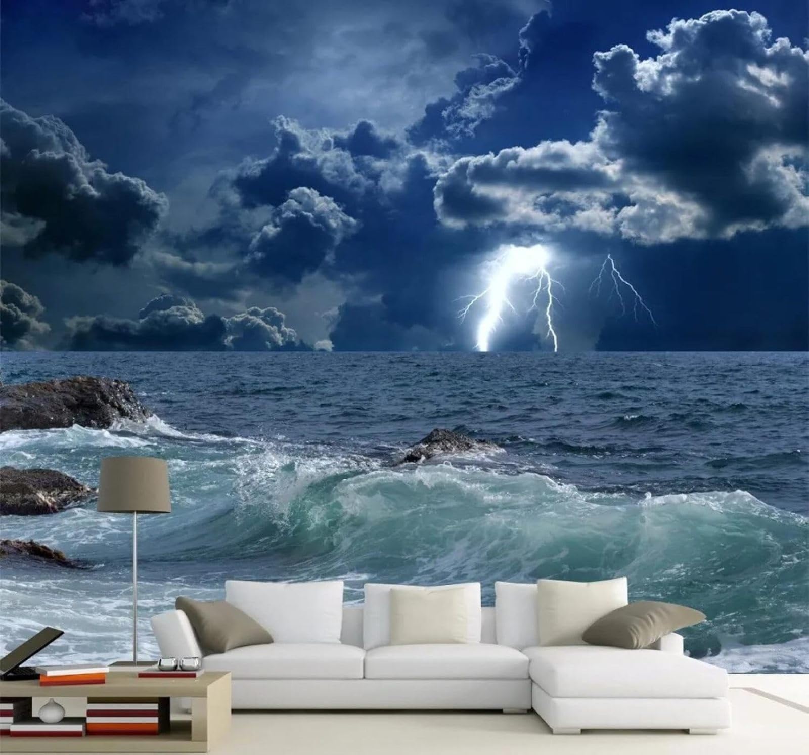 XLMING Three Dimensional Space Ocean Dark Clouds Lightning 3D Wallpaper Silky Texture Home Study Office Grey Dining Room Sofa Bedroom Living Room TV Backdrop-250cm×170cm