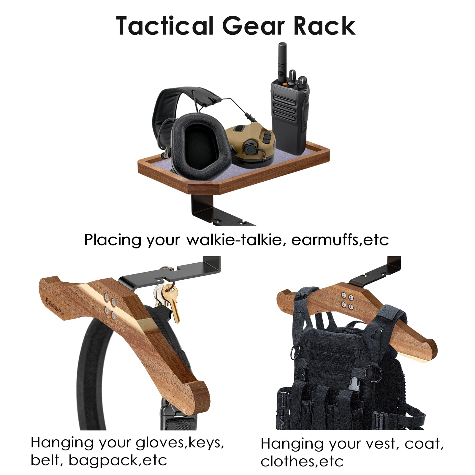 Tactical Vest Hanger- Solid Wood Tactical Gear Rack with Top Wooden Holder Tray for Walkie-Talkie,Earmuffs - Multifunction Tactical Gear Wall Mount for Motorcycle Football Skating Gear
