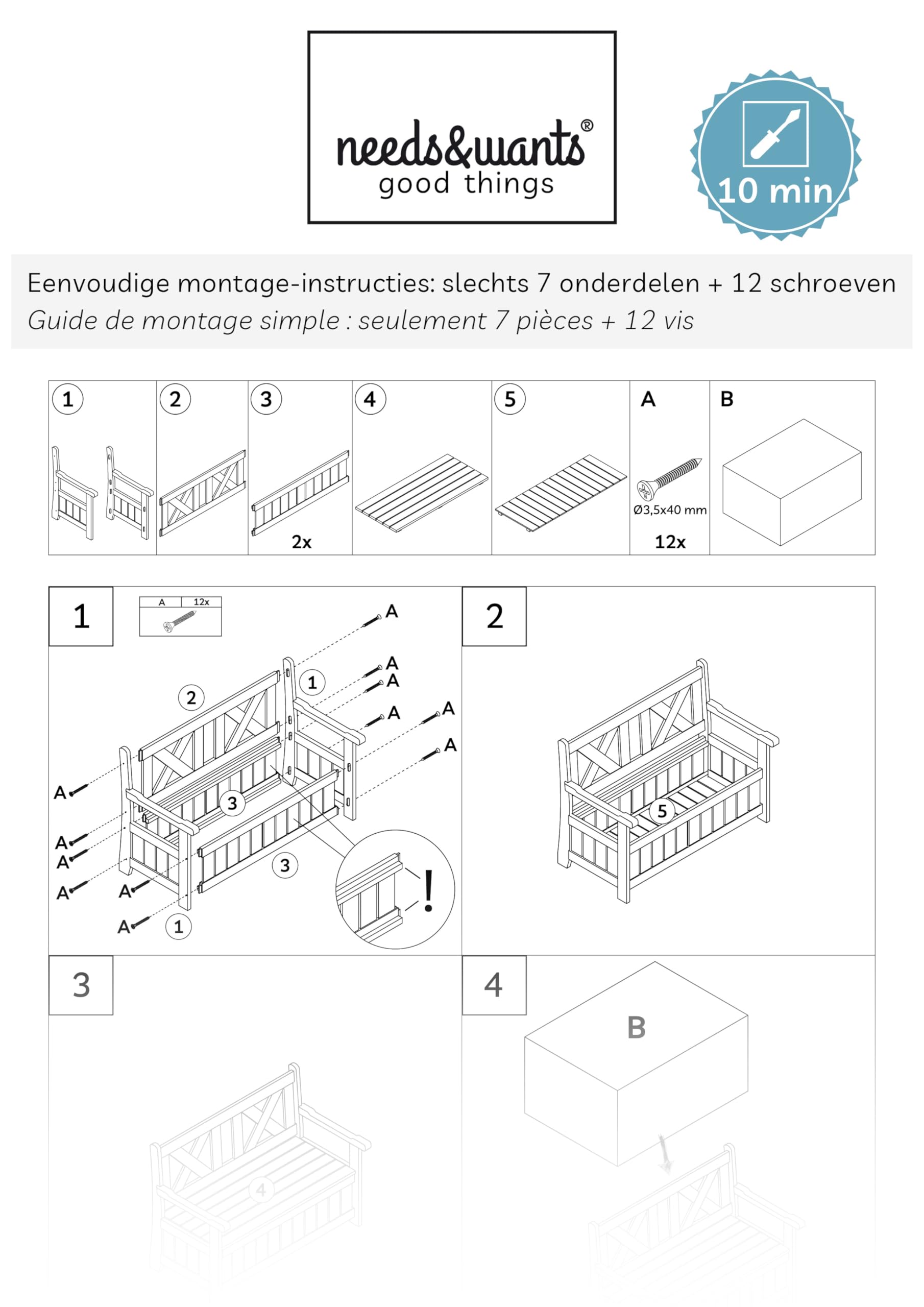 needs&wants® Banc de Jardin en Bois résistant aux intempéries avec Espace de Rangement et Couverture, Coffre 2 Places, de Parc Jardin extérieur avec Coffre