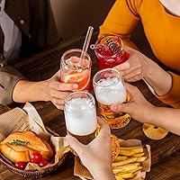 Vista 4 de Vasos para beber de 16 onzas con tapas de bambú y popote de vidrio, 8 vasos de vidrio, vasos de café helado de cerveza, lindos vasos estéticos
