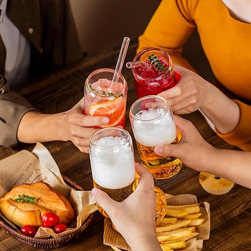 Miniatura 4 de 8 vasos para beber con tapas de bambú y pajita de vidrio vasos de vidrio en forma de lata de 16 onzas vasos de cerveza vasos de café helado lindo