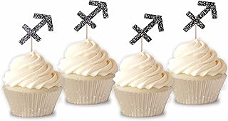 Glitter Zodiac Sagittarius Symbol Cupcake Toppers | Set of 12 Glitter Sagittarius Sign Cupcake Toppers | Birthday Party Treat Decoration (Black)