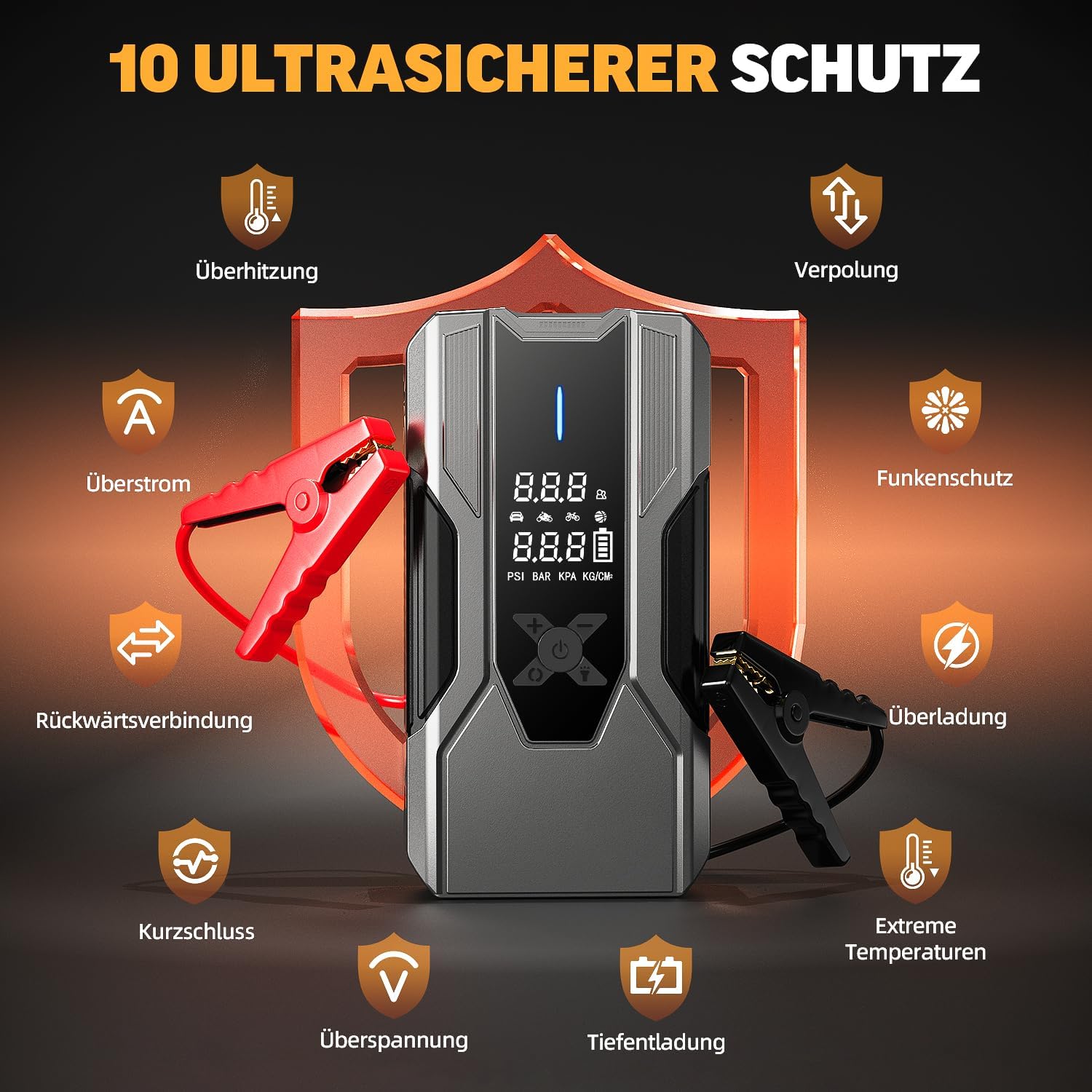Starthilfe Powerbank für pkw 8000A, Jump Starter Auto mit Kompressor 150PSI, 26800mAh Auto Starthilfe Powerbank für All Benzin und 12.0L Dieselmotor, Autobatterie Ladegerät Eingang/Ausgang