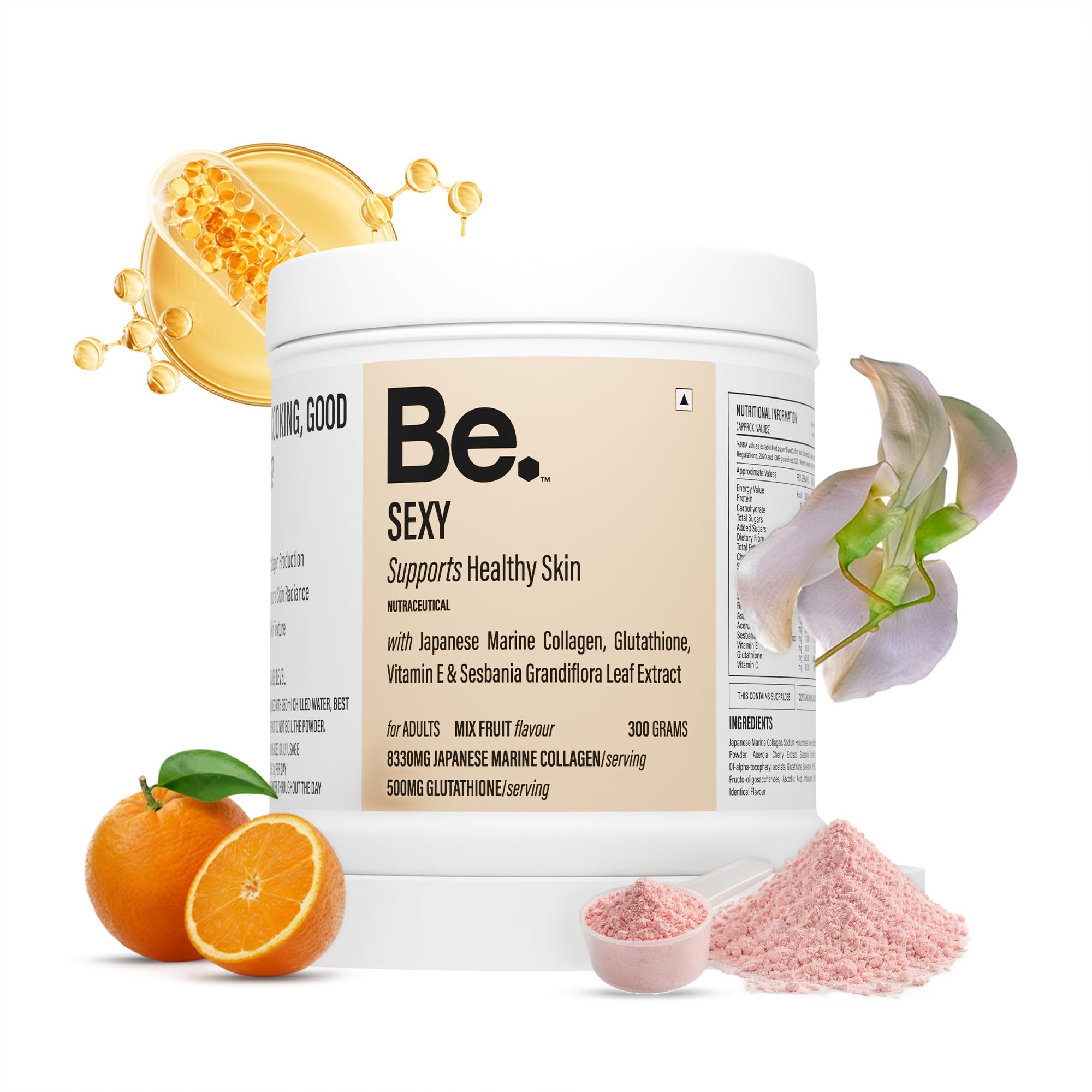 Be. Japanese Marine Collagen (Type I & III) for Healthy Skin for Men & Women Boost, Reducing Fine Lines & Improving Texture, with ingredients of Glutathione, Vitamin E, & Sesbania Grandiflora Leaf Extract | Mix Fruit Flavour | 300gm Powder-image-41