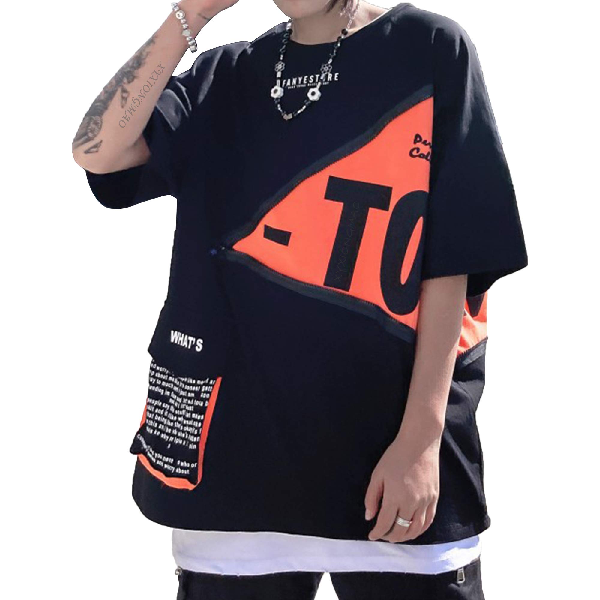 XYXIONGMAO Men's Zipper Colorblock T-Shirt Pocket Casual Unisex Alphabet Graphic Print Streetwear Tees Shirts