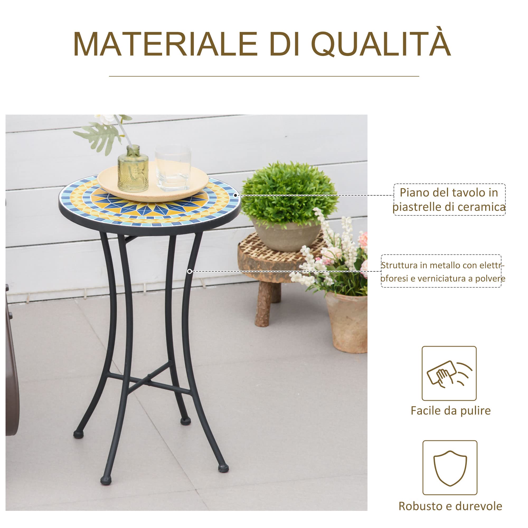 Outsunny Tavolino da Giardino in Metallo con Piano d'Appoggio a Mosaico in Ceramica, Ф35.5x53.5cm, Multicolore