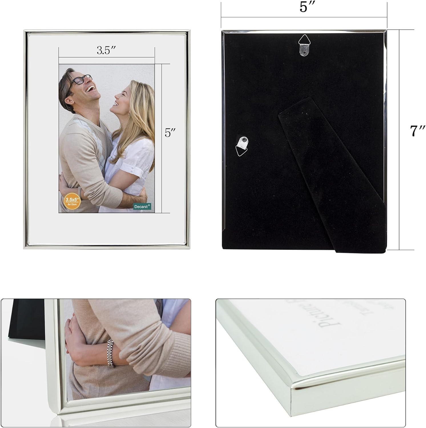 DECANIT 5x7 Picture Frame Set - Silver Metal Thin Frames for Wall or Tabletop Display of 3.5x5 Photos with Mat or 5x7 Without Mat - Gallery Wall Kit-4 Pack