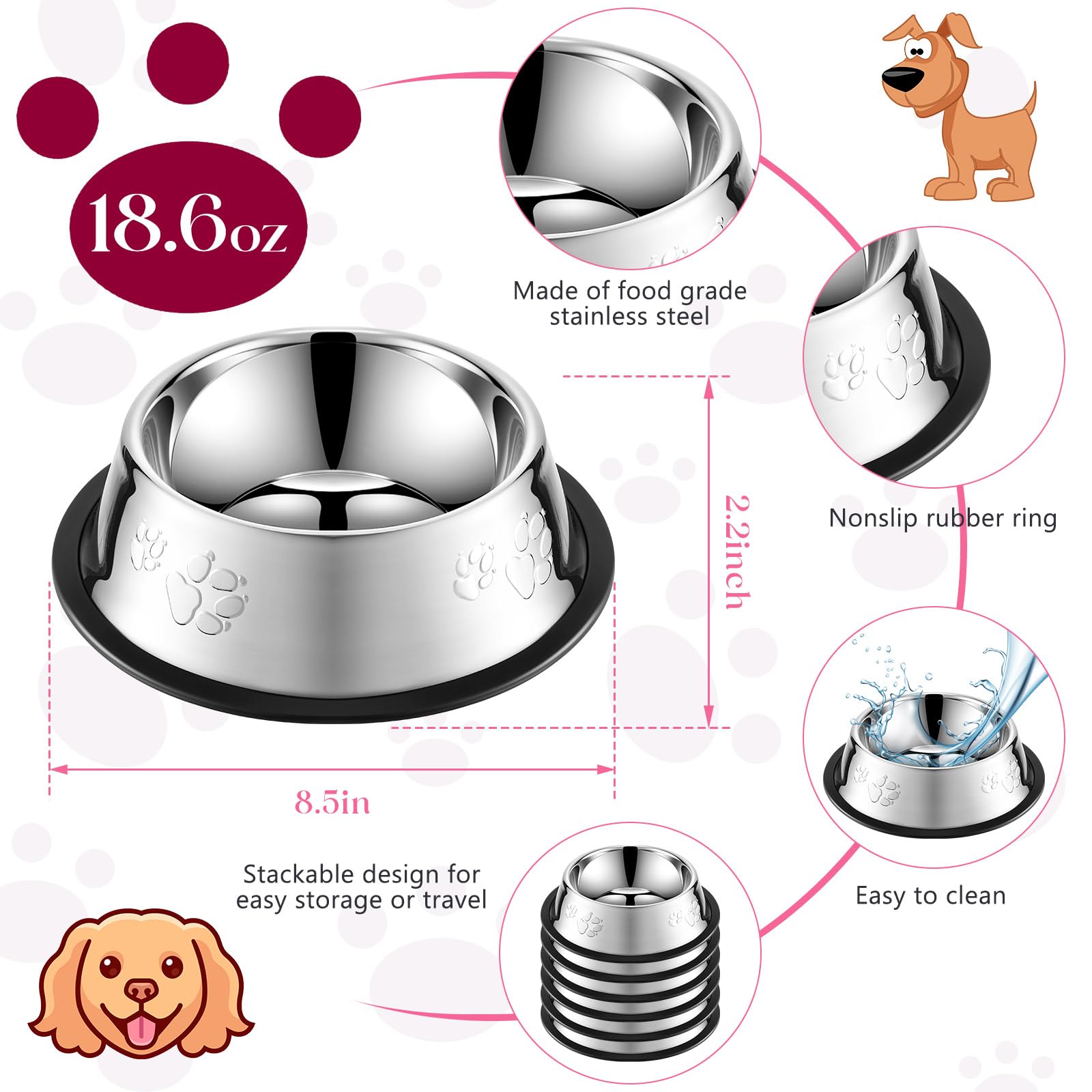 Tanlade 8 Pack Stainless Steel Dog Bowls Metal with Rubber Base Non-Slip Pets Cats Feeding Food and Water Bowls for Indoor Small Medium Large Cats Pets(18.6 oz)
