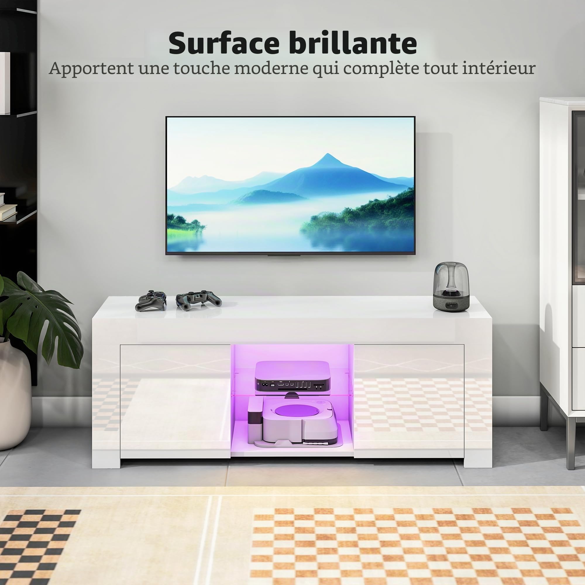 HOMCOM Meuble TV avec LED, pour TV 55 pouces, blanc, 120x34x45cm