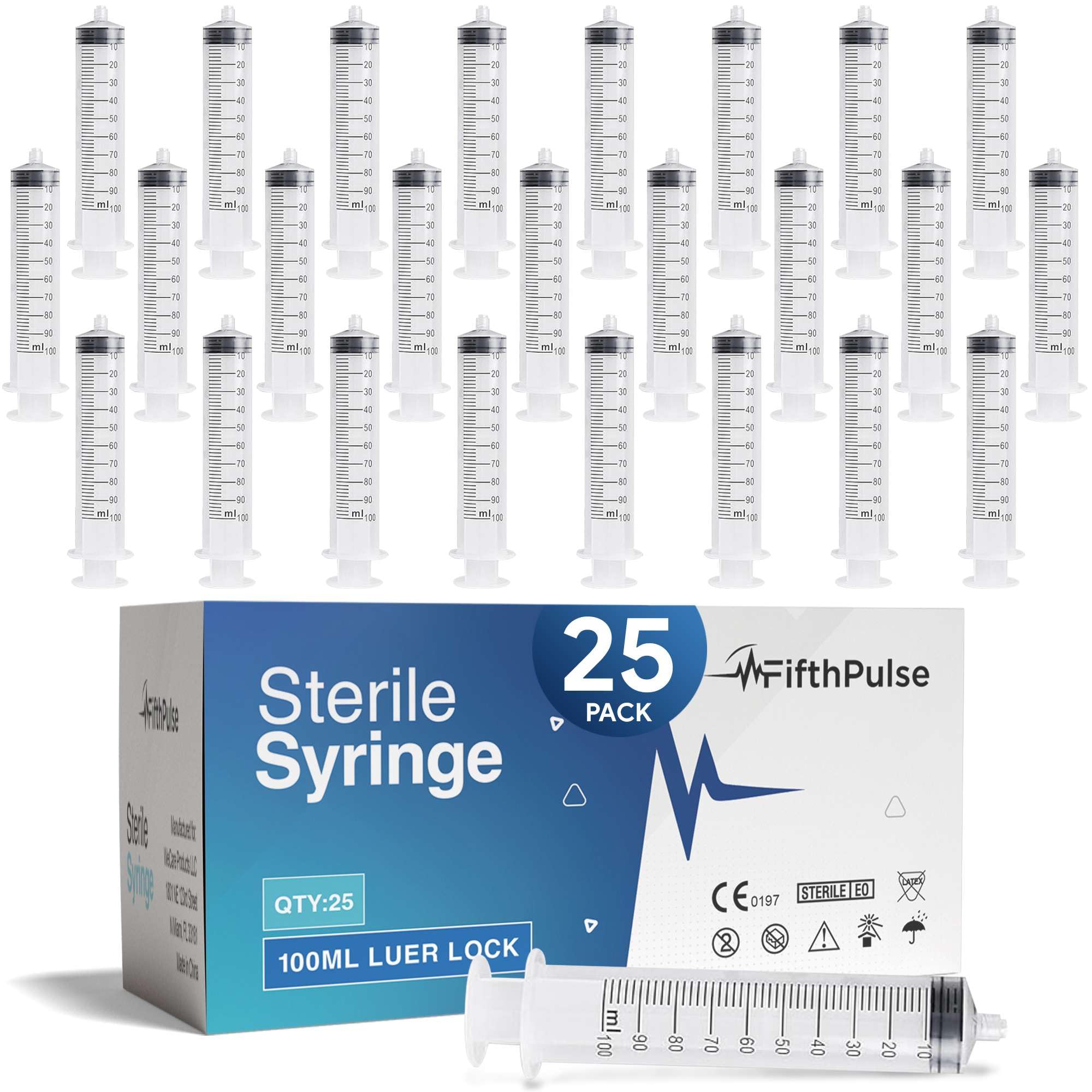 Photo 1 of 100 ml Syringe without Needle - 25 Pack of Individually Wrapped Disposable Syringes - Good for Medical, Scientific Lab, Home Use, and More - Sterile Luer Lock Syringes
