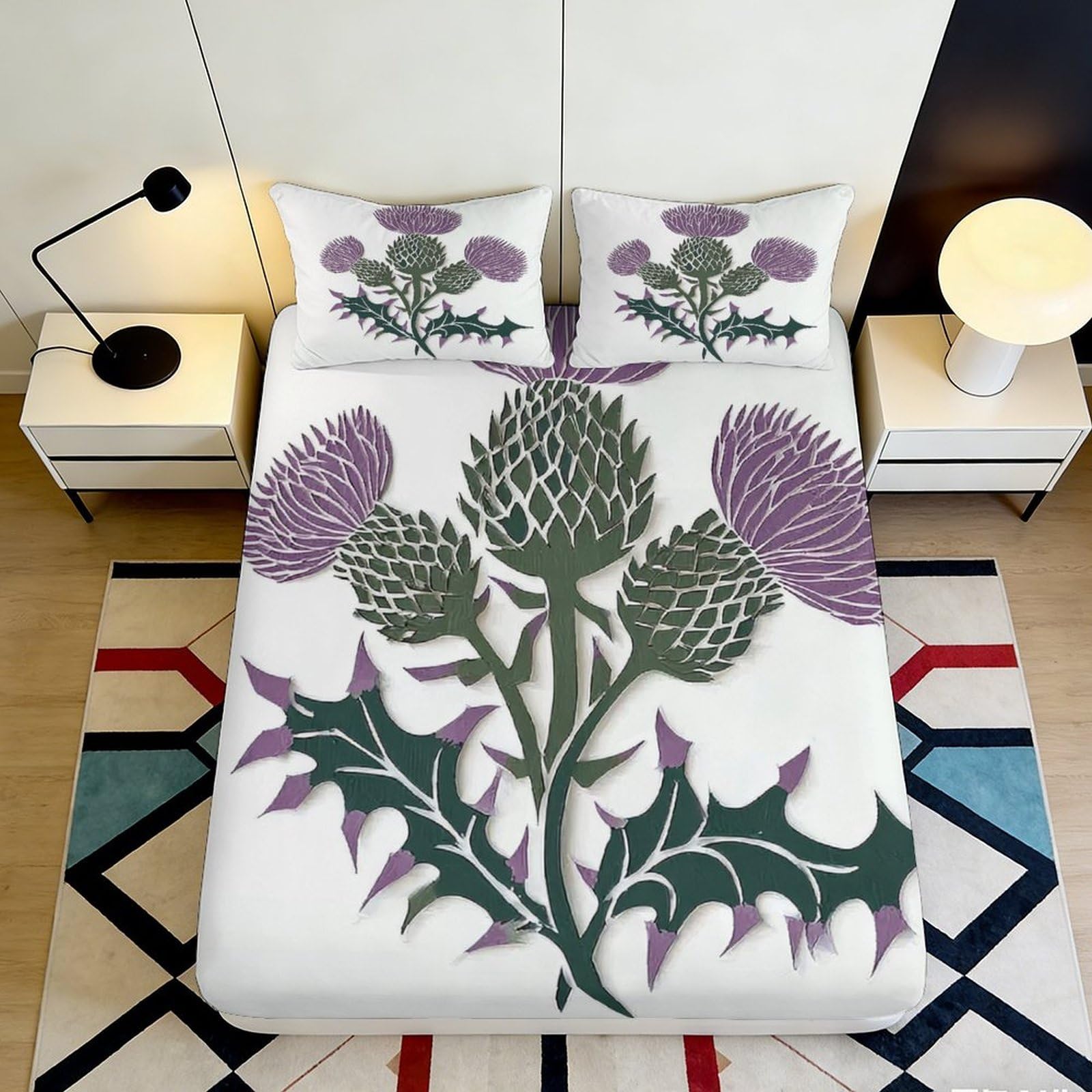 3D Printed Thistle Botanical Fitted Sheet Microfiber Soft Purple Art Mattress Cover for Bedroom Dorm Decor 90x200x25cm