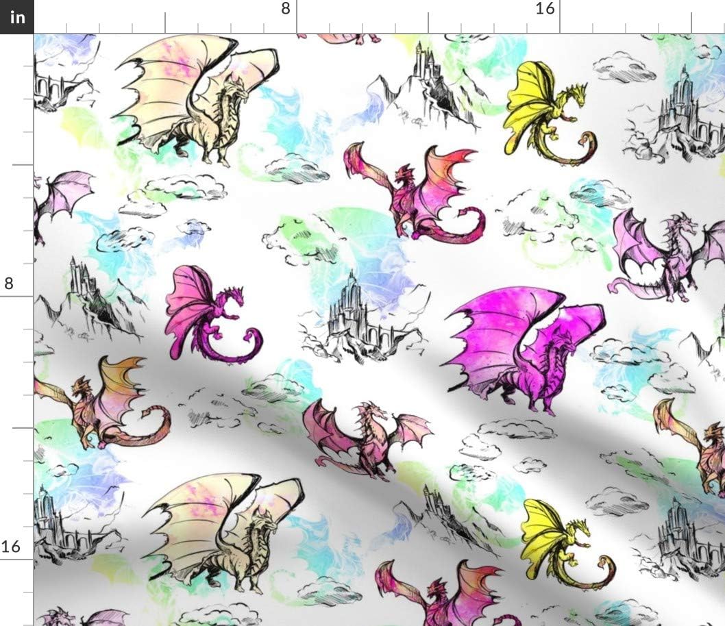 Spoonflower Fabric - Dragon Rainbow Dragons Multi Book Illustration Printed on Petal Signature Cotton Fabric by The Yard - Sewing Quilting Apparel Crafts Decor