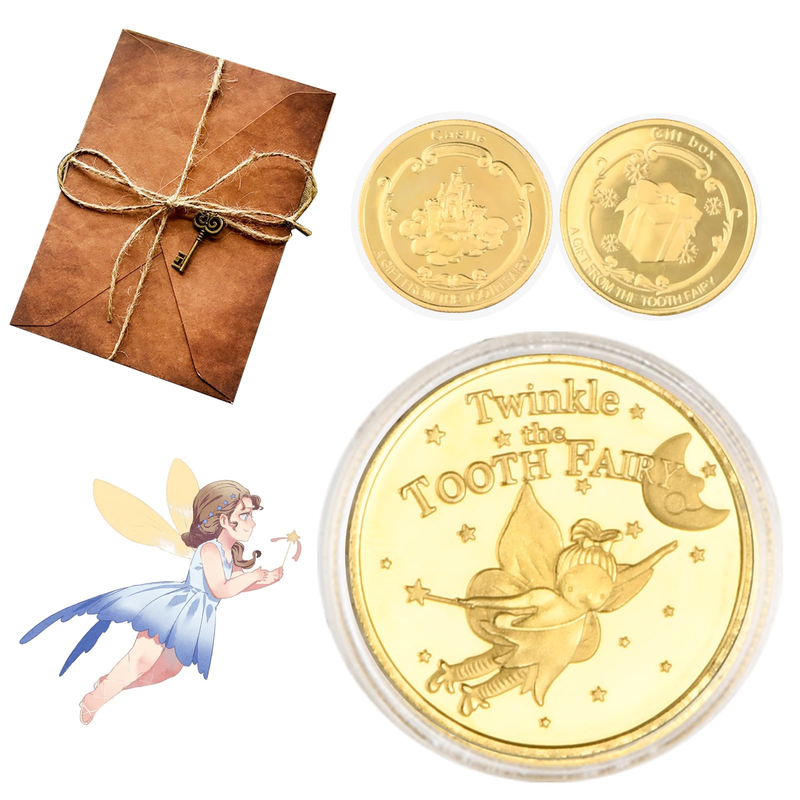 Dewocke Tooth Fairy Gift Set, Gold Fairy Coins for Kids With Vintage kraft Paper Envelopes and Letter Paper, Tooth Receipts