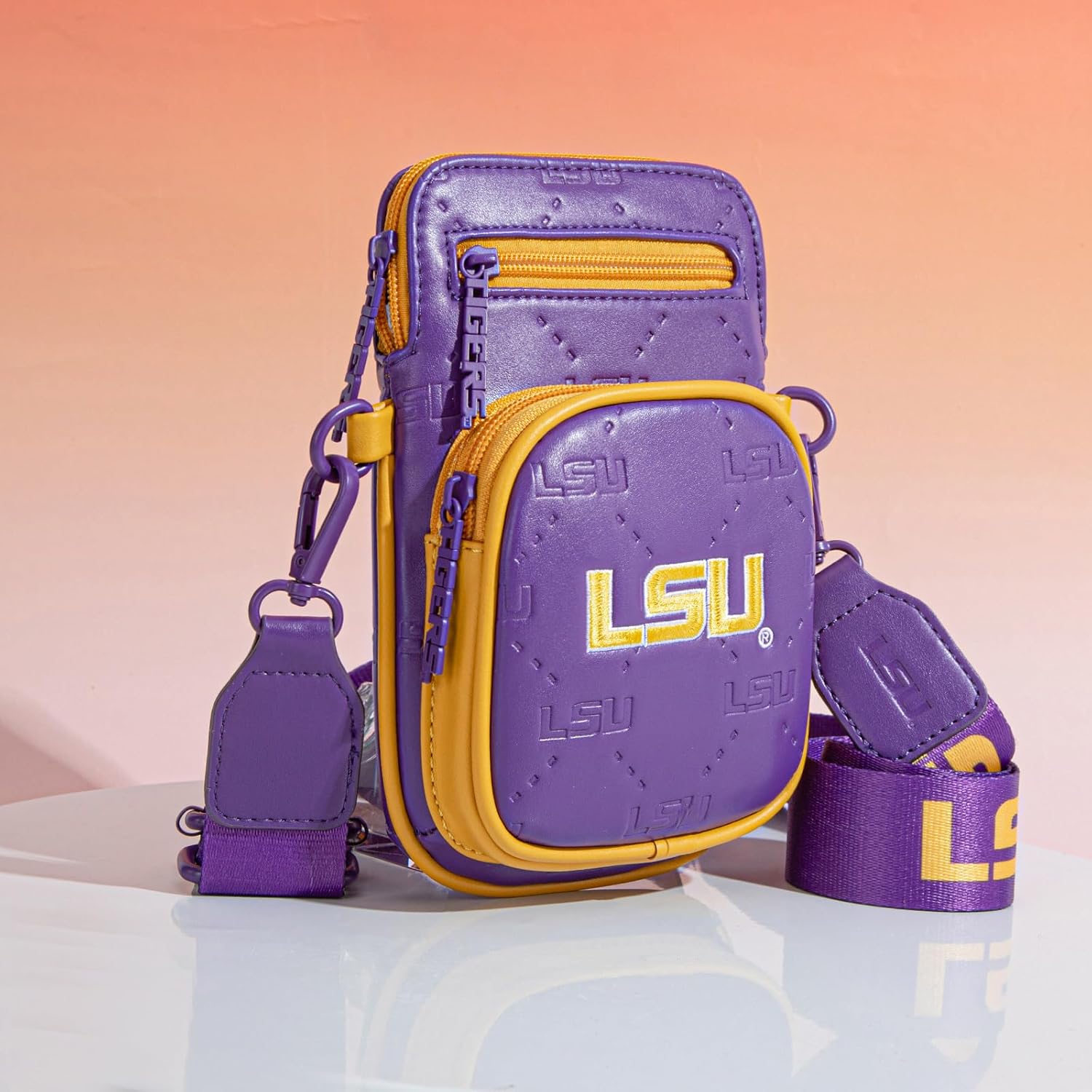 LSU Crossbody Bag with Adjustable Strap, Multiple Pockets Crossbody Purse for Women, Leather Handbag Purse for Game Day, Travel, Concerts | Gift for Sport Fans | Purple, NC-LSU015PP
