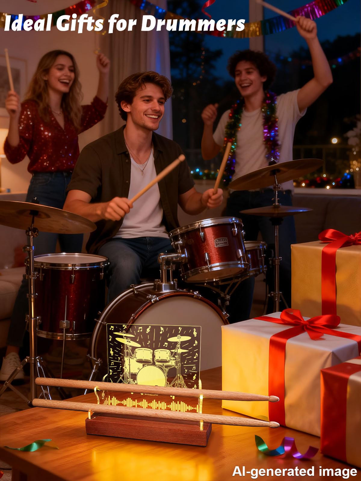 CoolGift Mart Support de baguettes de batterie lumineux pour présentation et collections, cadeau de batterie pour hommes, femmes, garçons, filles, batteurs, anniversaire, Noël, accessoires de batterie