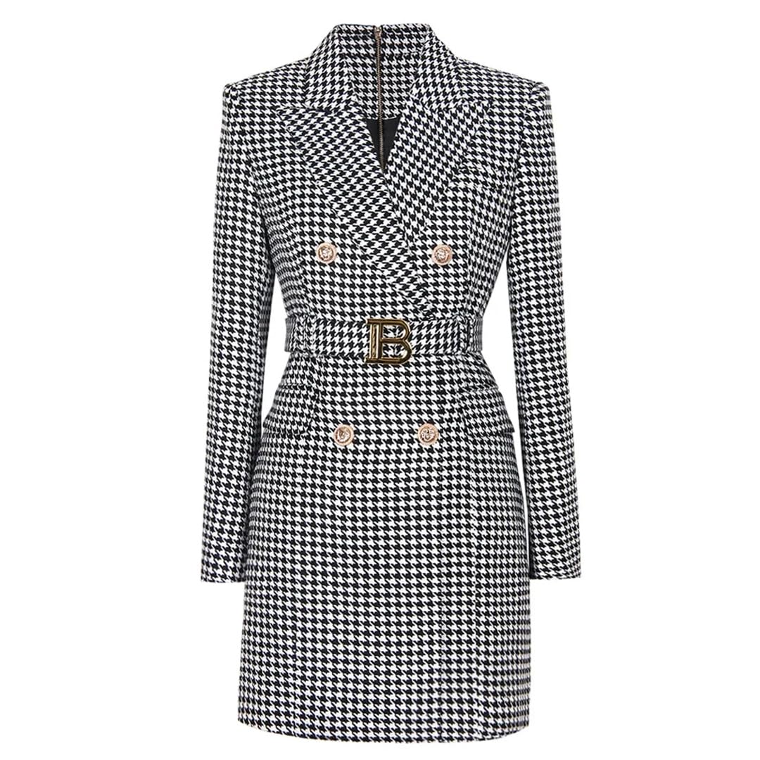 Women Classical Black White Bird Lattice Elegant Office Double-Breasted Dress