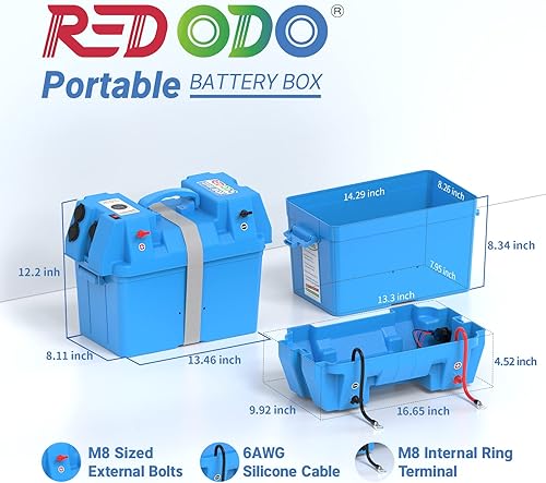 Miniatura 2 de Redodo Caja de batería portátil, grupo 24-27 caja de batería de 12 V, corriente máxima de 60 A, voltímetro integrado, tomas de corriente continua y