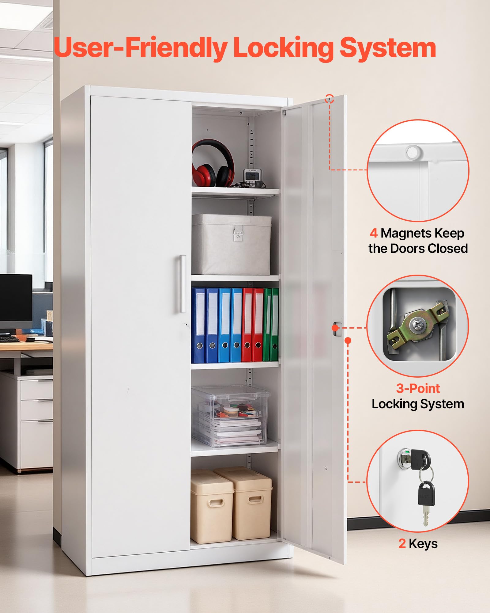 VEVOR Armario de Almacenamiento Metálico de 5 Niveles 80 x 40 x 175 cm, Gabinete de Garaje de Acero con Cerradura, para Herramientas de Despensa, Almacén, Sótano, Lavandería, Oficina, Blanco