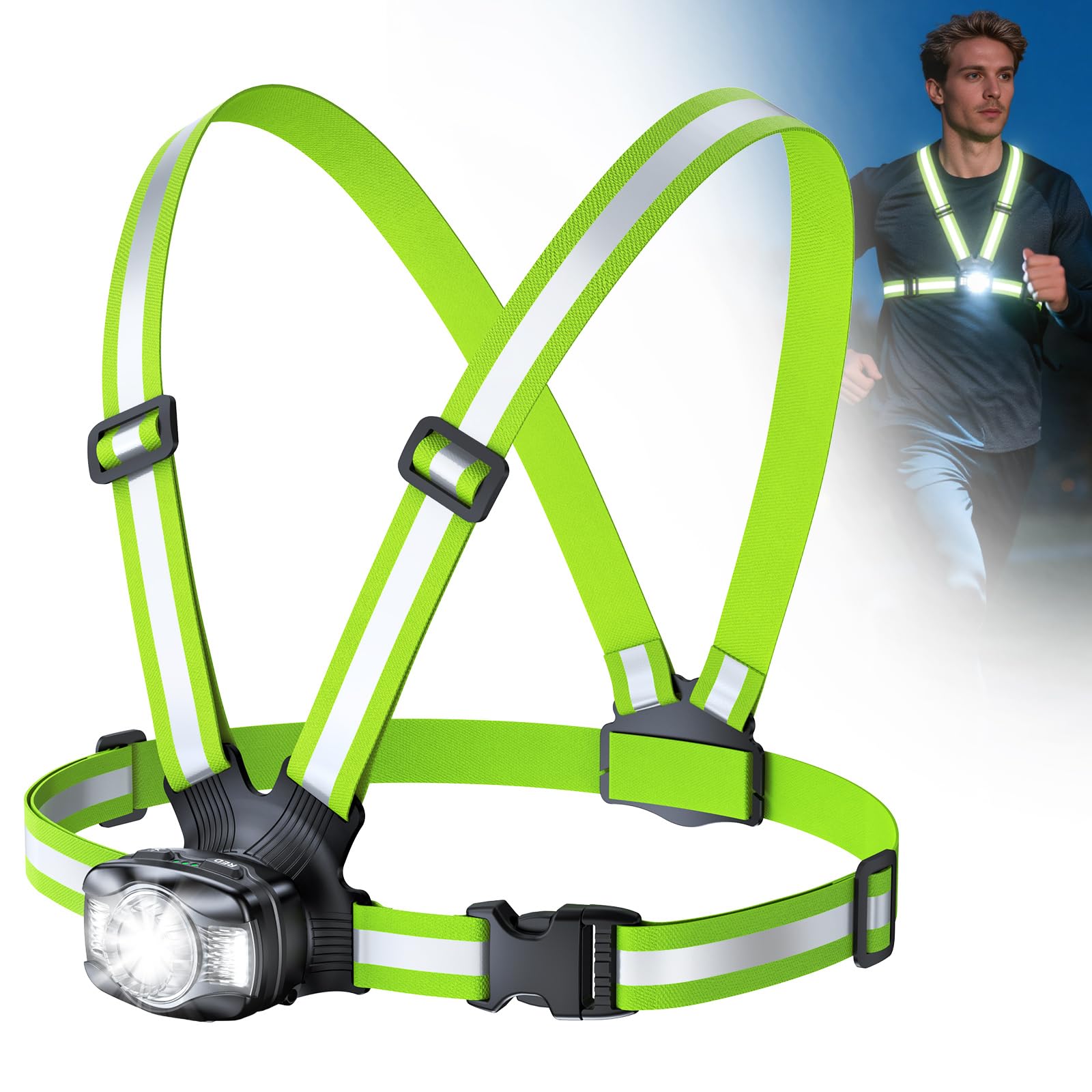 Babacom 500 Lumen Luce Running, Bretelle Giubbotto Catarifrangente con Riflettore, Fascio Regolabile a 45° e Impermeabilità IPX4, Torcia Frontale 1800mAh Ricaricabile per Corsa/Ciclismo/Camminate