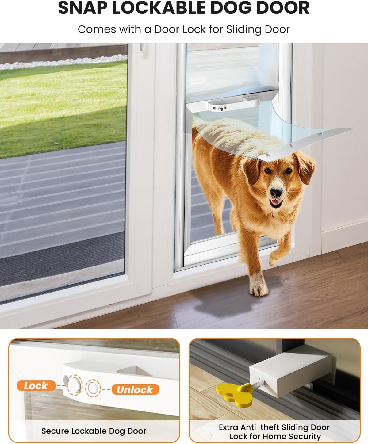 Dog Door for Sliding Glass Insert for Cat Doggie Doggy Pet Doors with Lock, Adjustable Height 74.8" to 80.71"