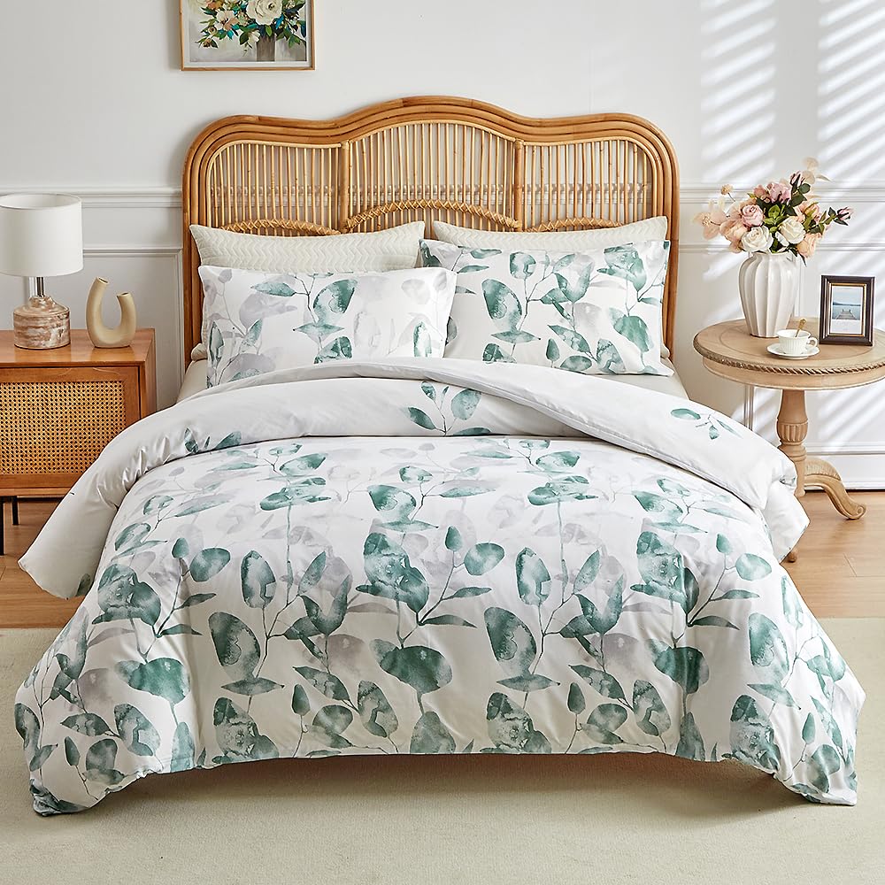 Housse de couette 220x240 feuilles vertes zippée pour grand lit deux personnes
