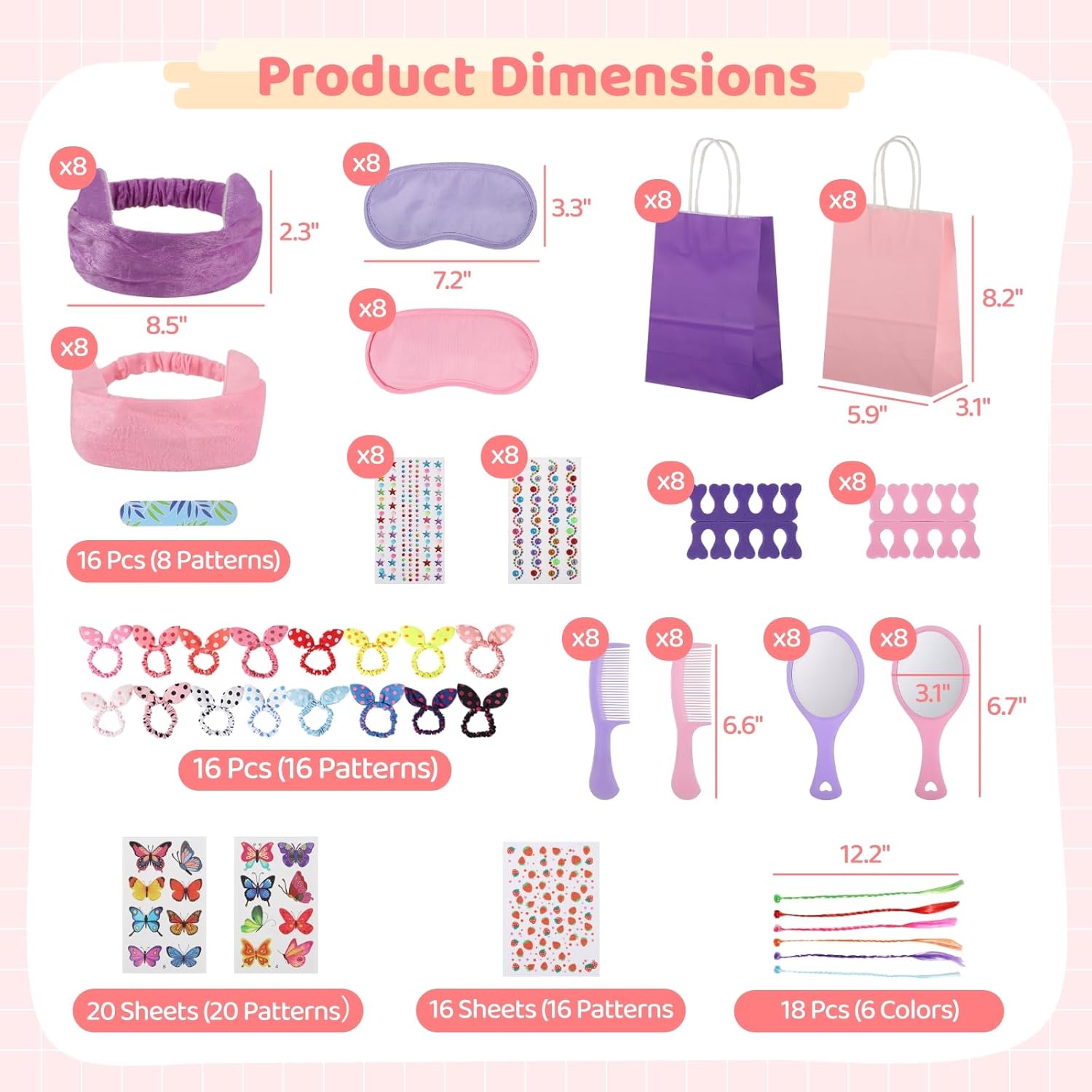 196 Pcs Spa Party Supplies for Girls Multiple Spa Party Favors for Kids Pink Braid Clip Eye Mask Mirror Comb Emery Boards Toe Separator Hairband Nail Sticker Tattoo Sticker Spa Party Favors