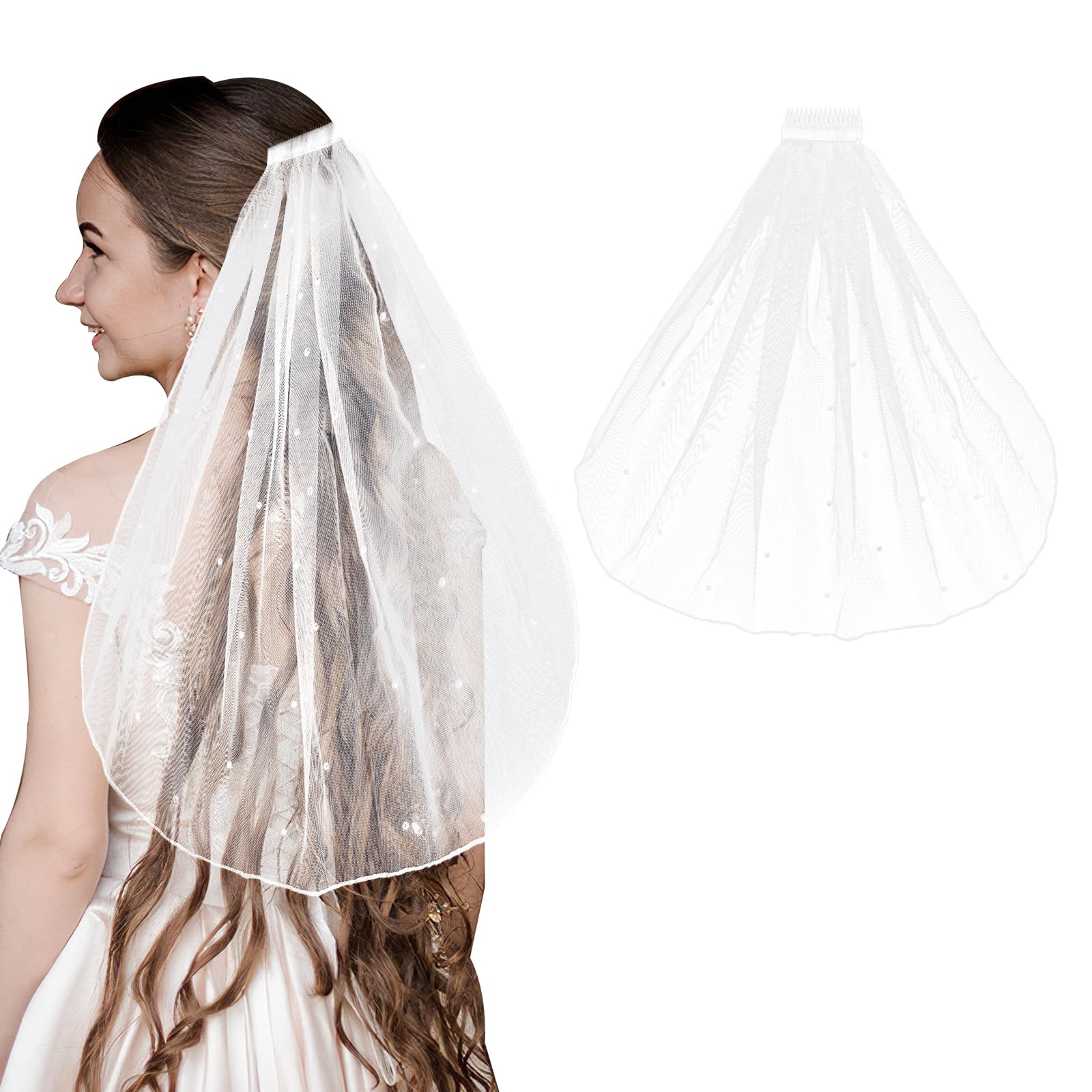 AmaxiuShort Bridal Wedding Veils,1 Tier Pearl White Lace Veil with Comb Wedding Headpiece Bachelorette Party Cathedral Veils for Brides Flower Women Girl Decorations Headband Accessories,55cm/21.7in