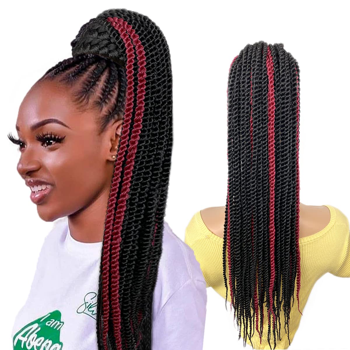 Senegalese Twist Braid Ponytail 20inch Long 2X Twist Braids Drawstring Ponytail Extension Hairpiece Bun Clip-in Braided Pony for Black Women(P1BBUG#, 20”)