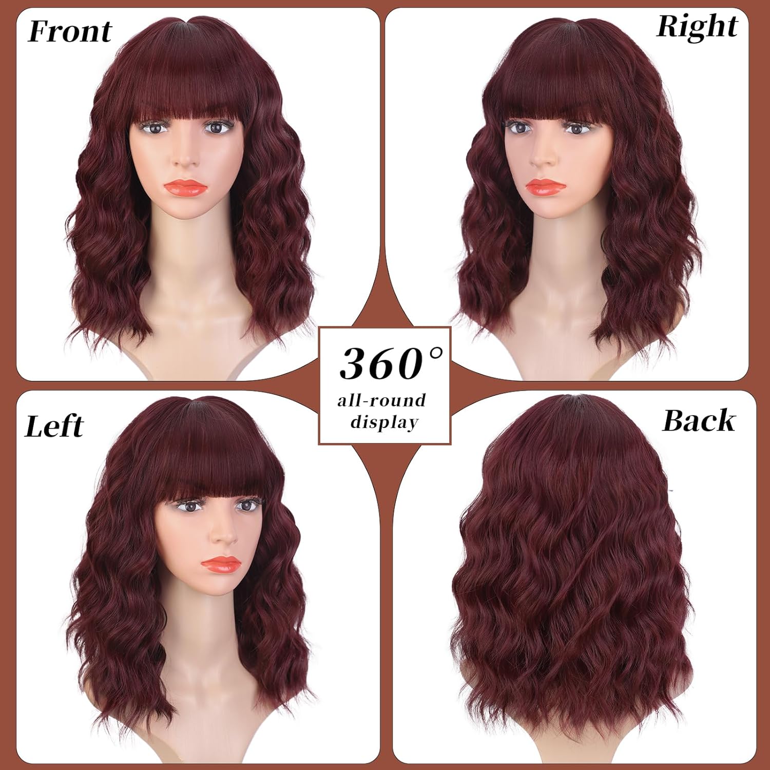 Lativ Wine Red Wig With Bangs Bob Wigs for Women Short Wavy Curly Shoulder Length 14 Inches Synthetic Hair for Halloween Costumes Cosplay Daily Use - Image 5