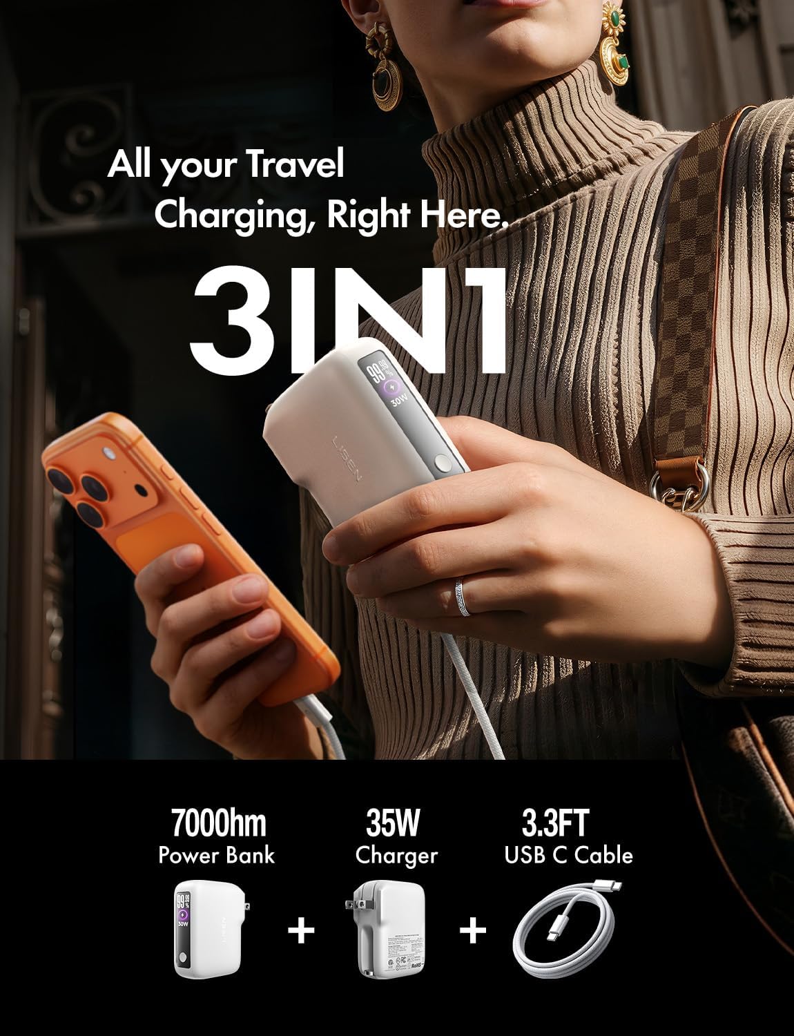 LISEN [Practical＆Lazy Design 3 in 1 Travel Essentials Power Bank，7000mAh 35W Fast Charging with Wall Plug and Build-in Cable for iPhone 17 16 15 Pro Max Plus,Samsung Galaxy,iPad,Android，Mint Green