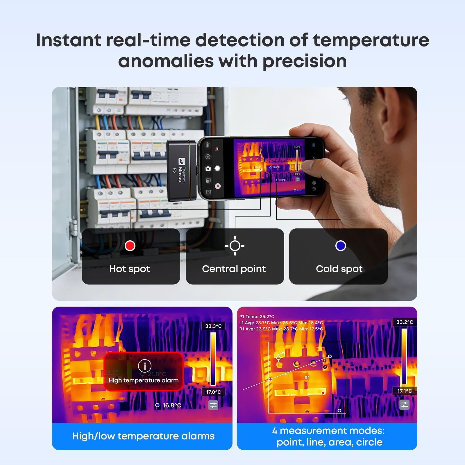 P3 Kamera Termowizyjna do Smartfona Android i iPhone, Podczerwień 512x384 X³IR z Obiektywem Makro 8mm, Detekcja Wycieków 1mA dla PCB, -20°C do 600°C, Zoom 15x, Narzędzie dla Elektroniki i HVAC